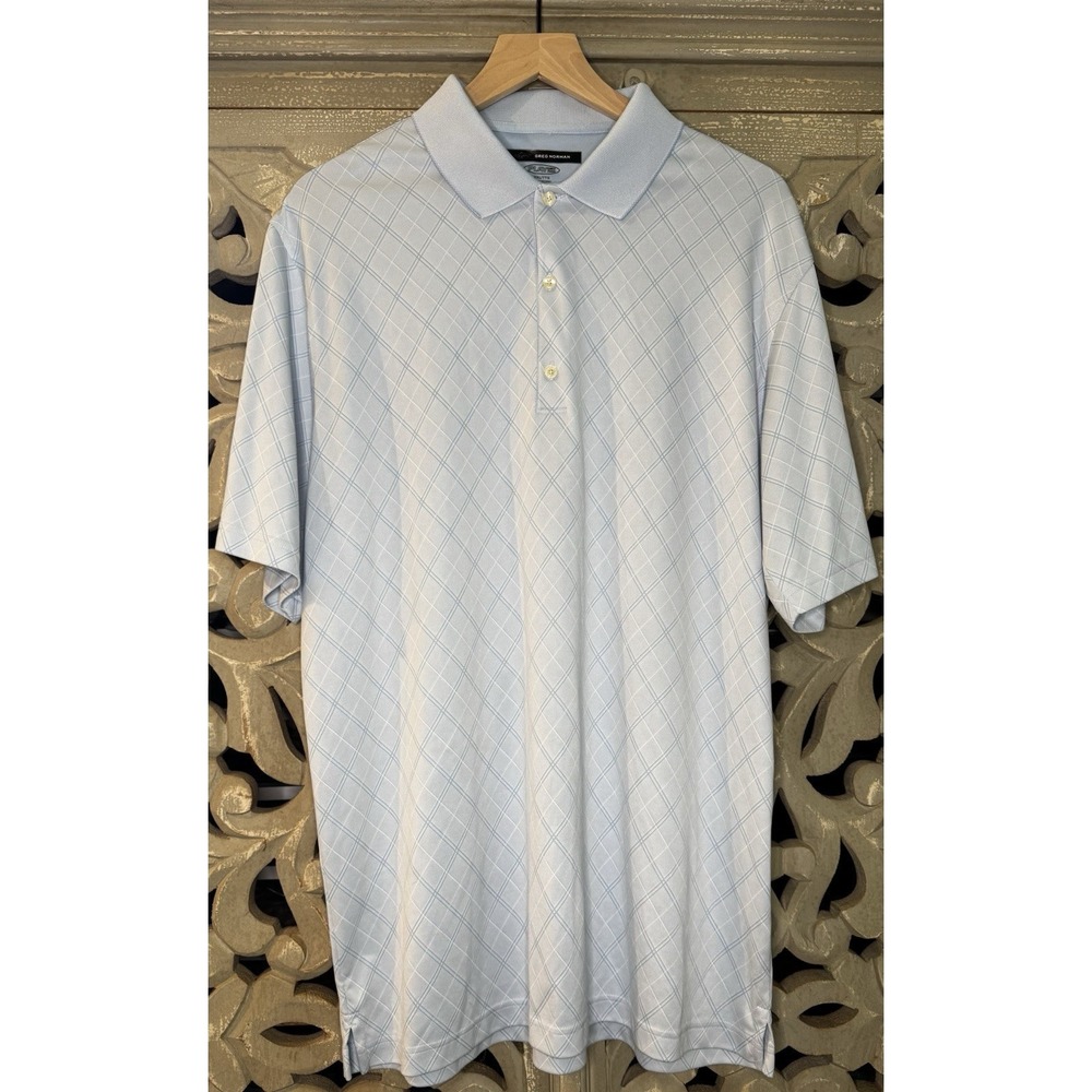 Greg Norman Play Dry Golf Polo Shirt Men's XXL Blue Plaid Performance Shark Logo